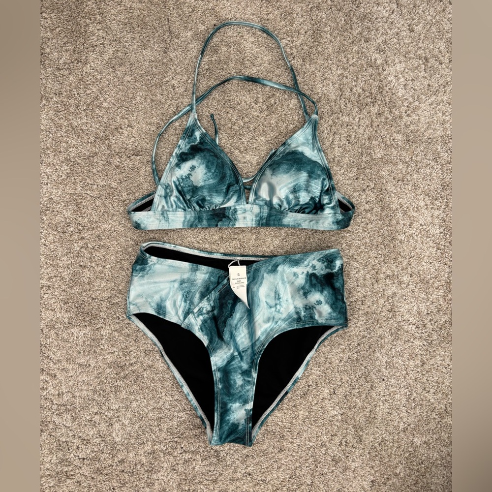 Teal Marble High-Waist Bikini Set - Women Swim